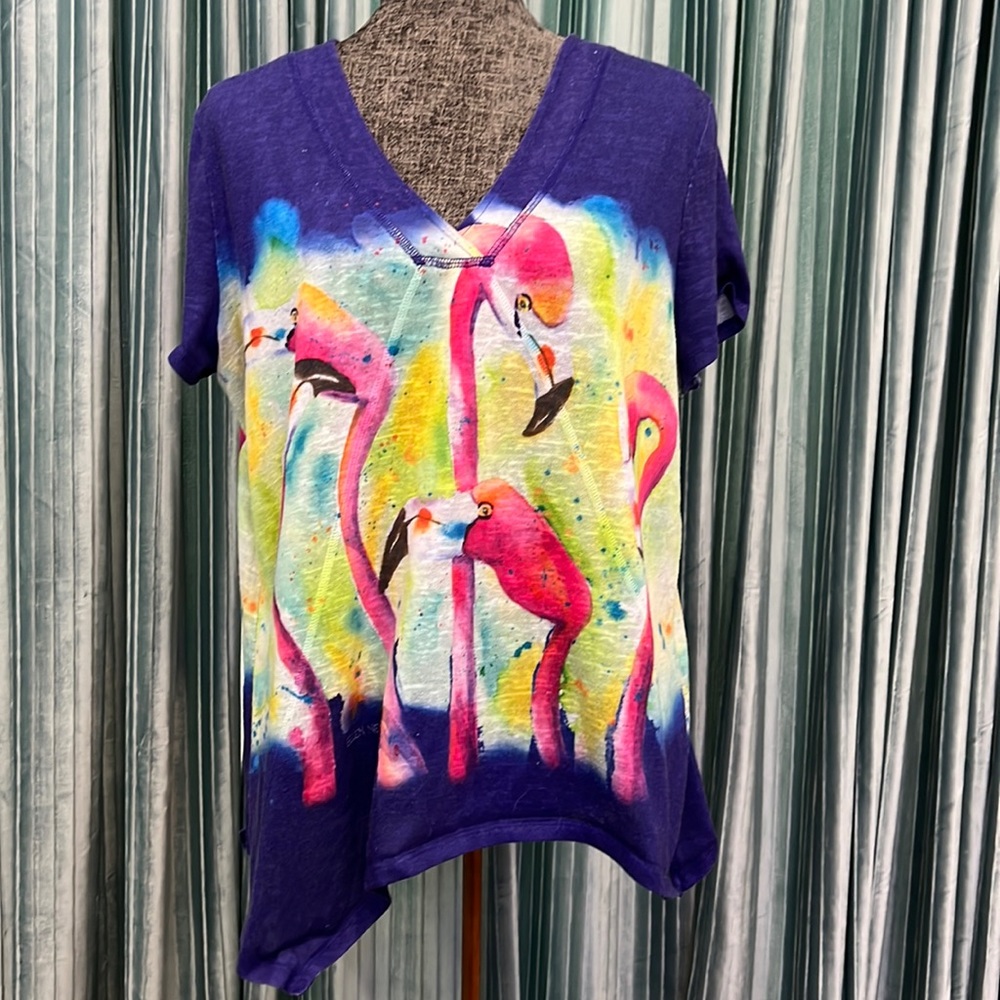 Ellen Negley Watercolor Flamingo Art & Sol Knit Top Asymmetrical